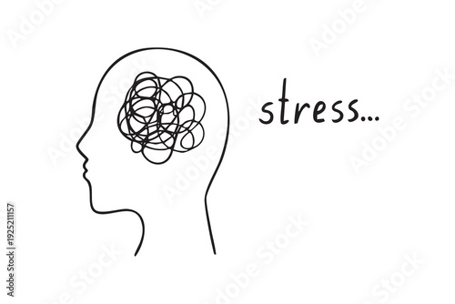 Profile silhouette head with chaotic scribble artist struggling with creative block and cluttered ideas, brainstorming concept, black line illustration, caption stress..., Visual for creativity