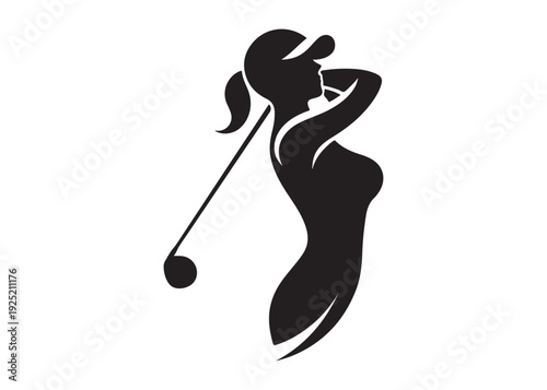women's golf players logo silhouette vector, golf player golfer swinging silhouette, playing golf swing pose logo silhouette, golf player plying golf logo vector silhouette on white background