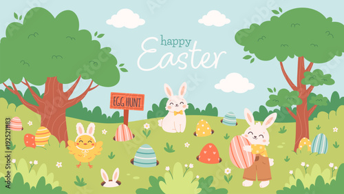 Easter egg hunt poster with bunnies, chick, hidden painted eggs. Easter event celebration in spring park. Holiday tradition game for children. Vector illustration in flat style