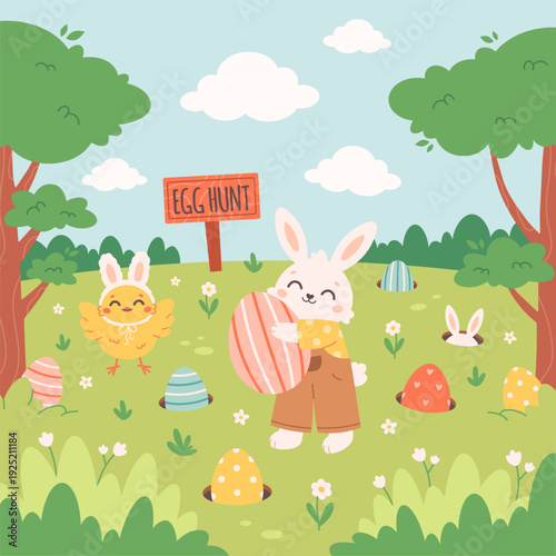Easter egg hunt poster with bunny, chick, hidden painted eggs. Easter event celebration in spring park. Holiday tradition game for children. Vector illustration in flat style