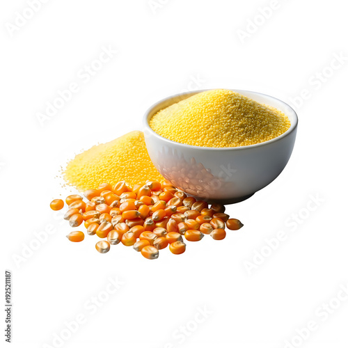 Bowl of cornmeal with corn kernels on transparent background transparent background