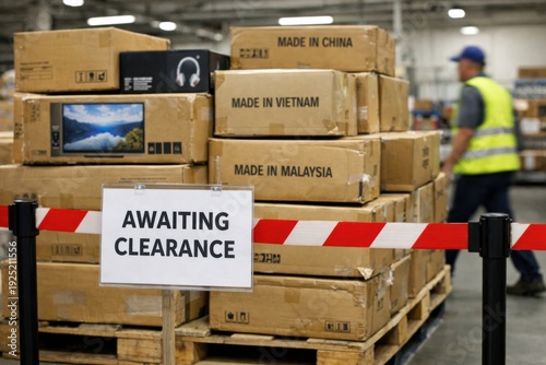 Awaiting Clearance Sign with Imported Goods Boxes