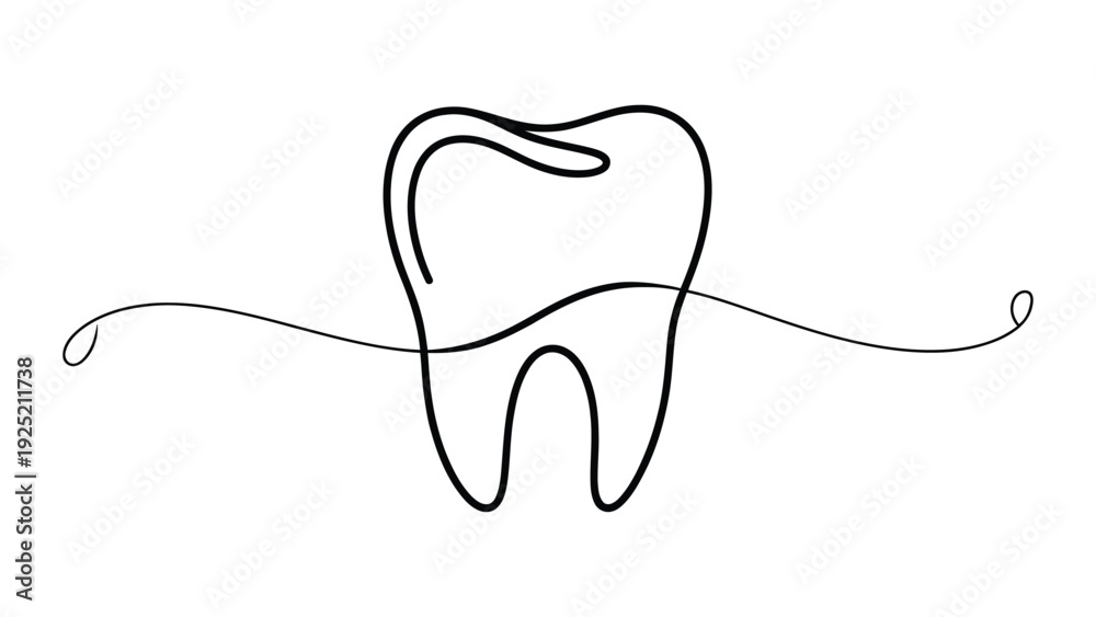 Obraz premium minimalist continuous line tooth illustration with flowing dental floss concept, simple black outline dental care symbol isolated on white background for dentistry and oral hygiene design