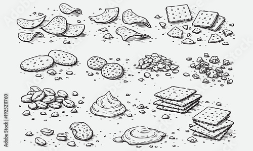 Hand Drawn Crunchy Snack Texture Elements Black and White Sketch Vector Set