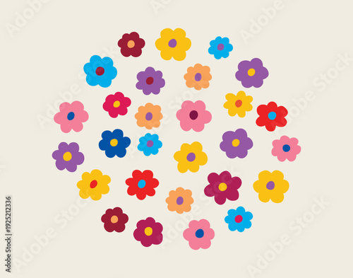Vibrant celebration bouquet on neutral field, energetic scatter of colorful daisies evokes confetti and festive mood, dense circular layout perfect for wrapping paper, invitation backgrounds,