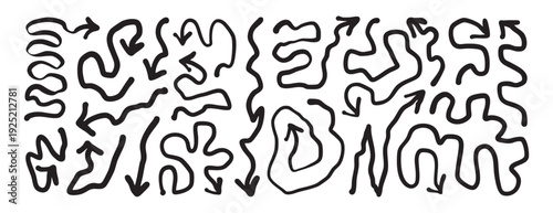 Wavy arrow design. Looped strokes create rhythmic movement. Handdrawn imperfections form dynamic arrow borders. Curly arrow borders with loops and artistic imperfections convey lively motion