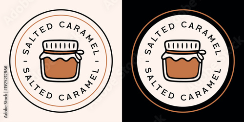 Salted caramel sauce label logo homemade cream syrup natural sweet salty flavor round sticker packaging design. Retro vintage aesthetic spread glass jar black drawing printable circular stamp print.