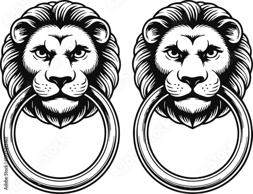Majestic lion head door knockers pair with detailed mane and bold facial features in black and white design