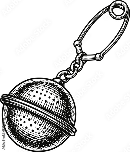 Vintage tea infuser with perforated round mesh ball and handle clip for brewing loose leaves