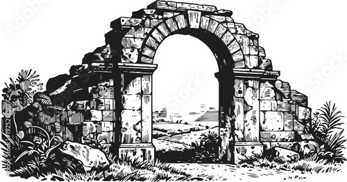 Ancient stone arch ruins standing in a natural landscape with distant hills and foliage