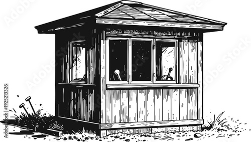 Small wooden garden shed with windows and pitched roof, vintage outdoor building illustration