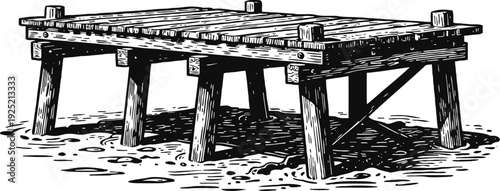 Wooden pier on water shore vintage hand drawn seaside dock with planks and posts old stilt platform for boats and fishing