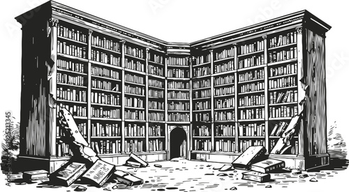 Classic vintage library shelves filled with books and scattered open volumes on the floor