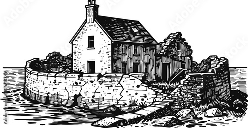 Old stone house and barn surrounded by circular stone wall by the sea, vintage countryside illustration
