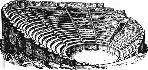 Ancient roman amphitheater illustration with curved tiered stone seating and open arena floor
