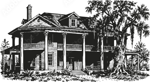 Large historic southern mansion with tall columns and wraparound porch surrounded by trees