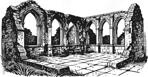 Medieval stone ruins with arched windows and overgrown grass, historic old architecture illustration