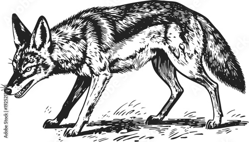 detailed black and white illustration of a wild coyote walking on grass