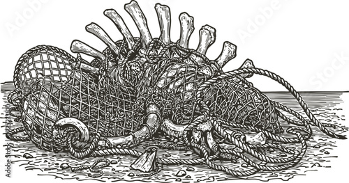 Illustration of a fish skeleton tangled in a fishing net on the shore, environmental concept of pollution and marine debris