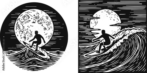 Silhouettes of surfers riding ocean waves with full moon backgrounds in night scenes
