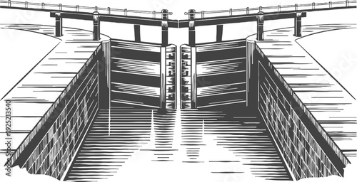 Illustration of a canal lock gate with water level measurement scale and railings