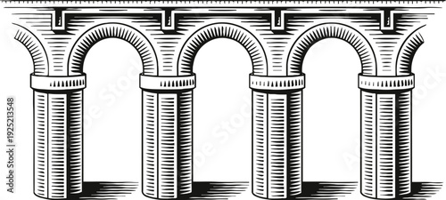 Vintage architectural illustration of roman arches with columns and detailed stonework design