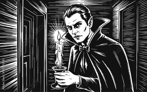 Classic vampire holding a lit candle in dark hallway, gothic monster with cape and intense gaze