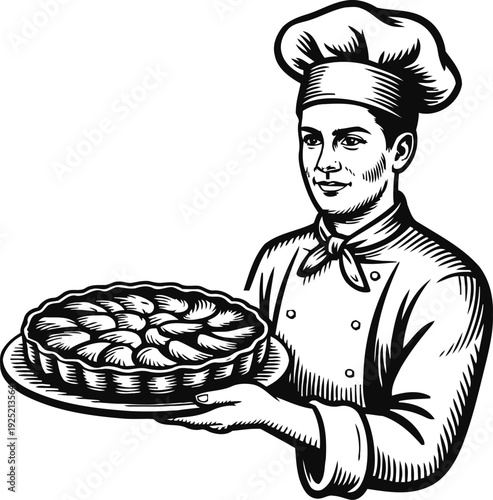 Chef holding freshly baked pie with detailed crust, traditional bakery illustration in black and white