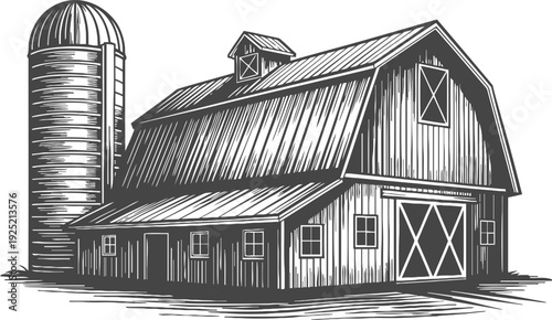 Rustic barn with silo traditional farm building exterior with wooden walls and metal roof
