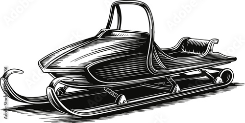 Vintage snowmobile illustration in black and white with detailed lines and shading