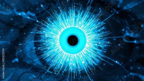 Abstract digital eye formed by radiant blue light rays and circular data pattern on dark technology background