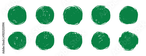 Green hand drawn pencil circle icons aligned in rows, distilled minimal texture with imperfect rings, ideal for web badges, icons, social buttons, eco calls to action, and UI accents