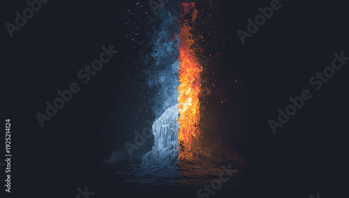 a vertical split with one side in vibrant blue and the other in fiery red, representing hot versus cold energy on a black background.