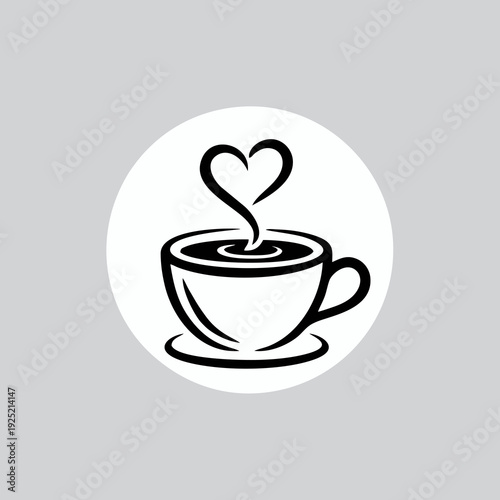 Minimalist coffee cup icon with heart shaped steam in circular frame