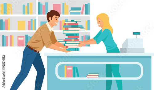 Customer Buying Large Stack of Books at Bookstore Counter, Friendly Librarian Service and Education Vector Illustration