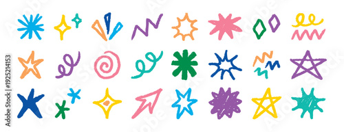 Playful bright doodles evoke childlike wonder through friendly stars, swirls and floral shapes, soft color scheme and rounded strokes encourage expression, imagination and calming activity