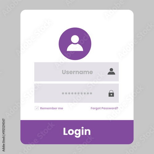 A modern white login panel with purple accents, featuring an outlined user icon, input fields for username and password, a 'Remember me' checkbox, and a prominent 'Login' button.