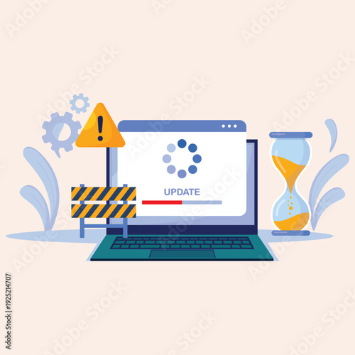 Illustrative concept of a digital system update or software maintenance in progress, featuring a loading bar, warning, and hourglass representing waiting time
