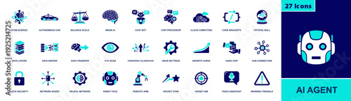 AI agent icon set. Containing chatbot, brain AI, neural network, chip, cloud, code, data server, eye scan, robot, security, target, voice AI and more. Solid fill vector icons collection.