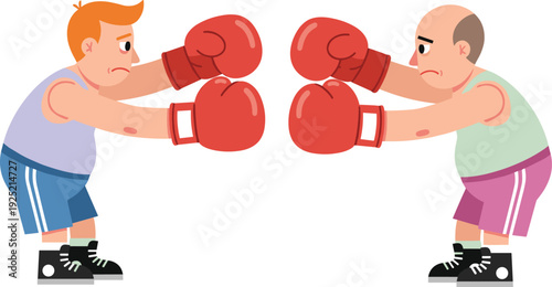 Two sad out of shape men boxing, funny weak boxers competition concept, flat cartoon vector illustration