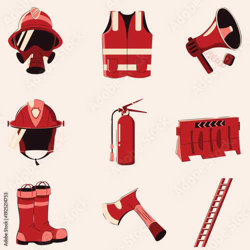 Modern geometric vector icons representing essential fire safety and emergency response equipment. Features firefighter helmets, vests, boots, extinguisher, axe, megaphone, and safety barriers
