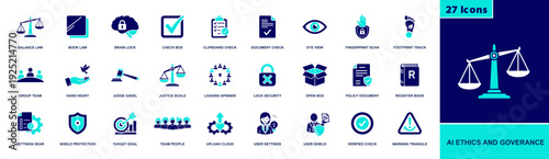 AI ethics and governance icon set. Containing law, justice scales, gavel, policy, compliance, privacy lock, fingerprint, audit, team, shield and more. Solid fill vector icons collection.