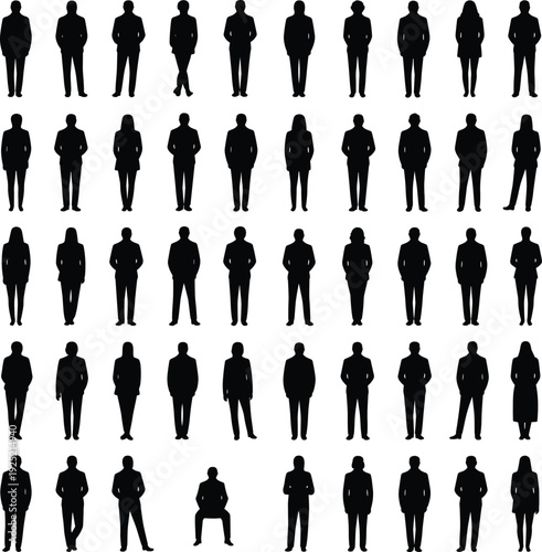 Business people silhouette standing collection with male and female professionals, formal poses, corporate style, leadership, teamwork, office workforce concept isolated on white background