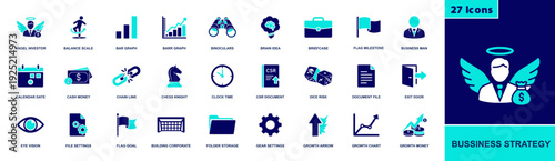Business strategy icon set. Containing investor, balance scale, bar graph, growth chart, binoculars, idea, briefcase, goal flags, documents, settings, and more. Solid fill vector icons.