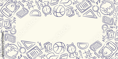 Education frame icon in doodle style for back to school design. Illustration background with backpack, globe, books and math symbols for stationery and classroom design.