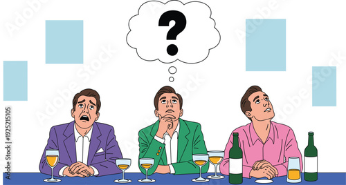 Three confused businessmen at bar thinking with question mark bubble, brainstorming and problem solving vector illustration
