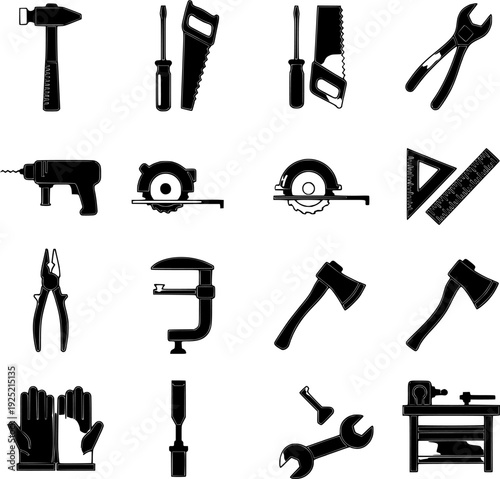 Hand Tools Line Icon Set – Construction, Carpentry and DIY Equipment Vector Collection