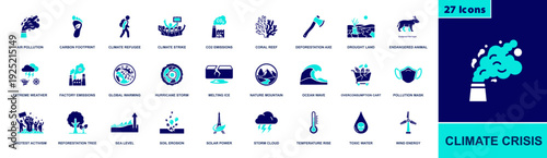 Climate crisis icon set. Containing air pollution, CO2 emissions, carbon footprint, deforestation, drought, melting ice, sea level, wind energy and more. Solid fill vector icons collection.