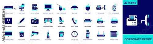 Corporate office icon set. Containing air conditioner, desk chair, coffee machine, monitor, mouse, lamp, phone, printer, copier, ID badge, security camera, wifi router and more. Solid fill icons.