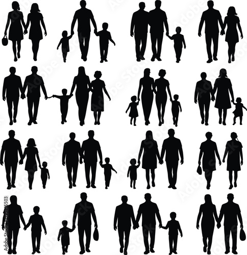 Family walking silhouette collection showing parents with children, couples and single parent groups, togetherness, love, parenting, daily life concept isolated on white background